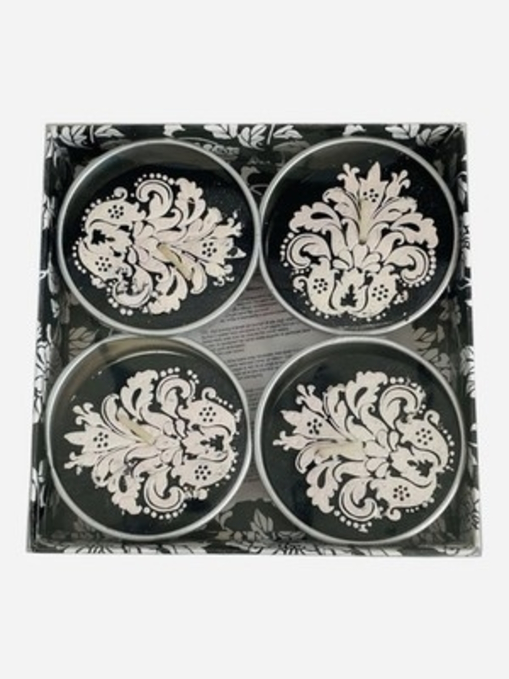 Black Ivory Damask Floral Tin Candles Set of 4 Amsterdam Decorative NIB